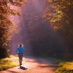 Vrouw in een blauw jack aan het hardlopen in een bos