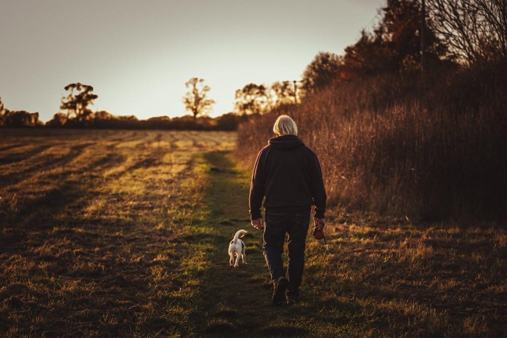 Persoon is aan het wandelen met de hond om calorieën te verbranden